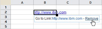 Prosedyre 1. Klikk på cellen som inneholder hyperkoblingen. 2. Hold musepekeren over ordet Fjern til det blir understreket. 80 SmartCloud Docs 3. Klikk på Fjern.