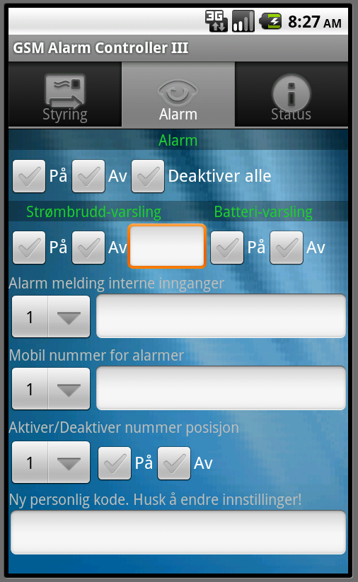 Alarm: Alarm fane benyttes for å sette opp alarmer og konfigurasjoner for GAC III. Android GSM Alarm Controller III manual V1.0.docx Alarm: Alarm: Alarm på, av eller deaktivert.