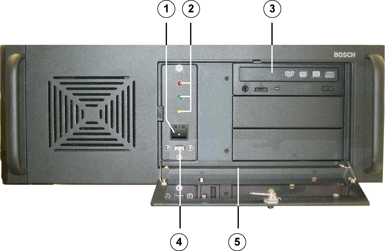 DiBos/DiBos Micro 3 Enhetens tilkoblingspunkter no 21 Enhetens tilkoblingspunkter Videosystemet finnes som modellene DiBos og DiBos Micro. 3.1 DiBos 3.1.1 DiBos sett forfra 1 Av/på-bryter 4 2 Kontroll-LEDer: 5 rød = harddisktilgang USB 2.