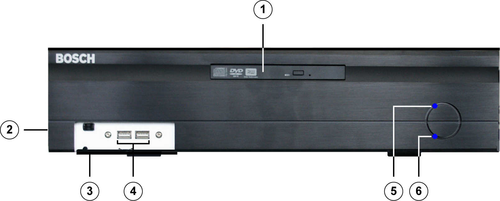 DiBos/DiBos Micro Enhetens tilkoblingspunkter no 25 3.2 DiBos Micro 3.2.1 DiBos Micro sett forfra 1 DVD-RW 4 2 x USB 2.