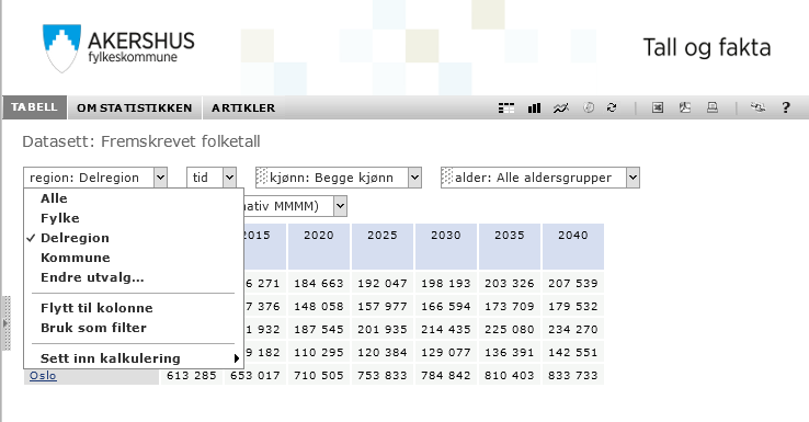 Bruk av filterfunksjon Filterfunksjonen gir mulighet til hurtig å endre tabelloppsettet ved at man kan velge hvilken variabelkategori som skal vises for variabler som ligger i filter.