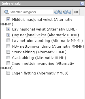 Funksjonen «endre utvalg» Gå til nedtrekksmenyen ved aktuell variabel og velg «endre utvalg». Det vil da dukke opp en avkrysningsboks der man kan velge hva som skal vises i tabellen.