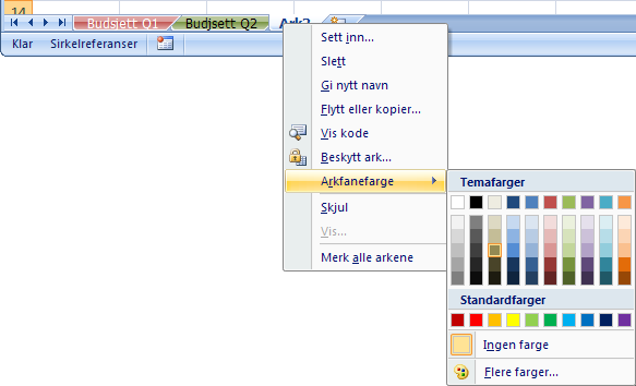 Bruk navn og farger på arkfanene Du kan bruke navn og farger på arkfanene i Excel for bedre systematisering av arbeidsboken.