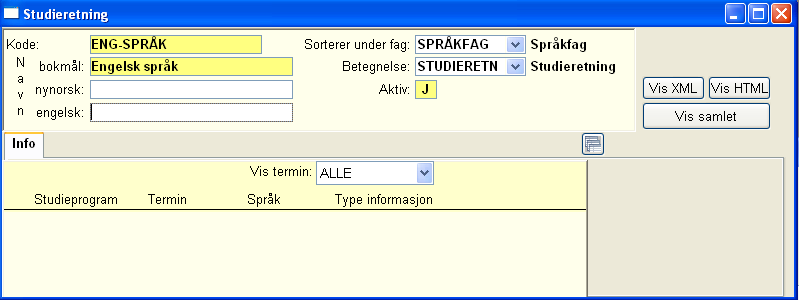 Studieretning Kode Kode for studieretning. Navn Navn for studieretning - bokmål, nynorsk, engelsk Sorterer under fag Hvilket fag studieretningen sorterer innenfor.