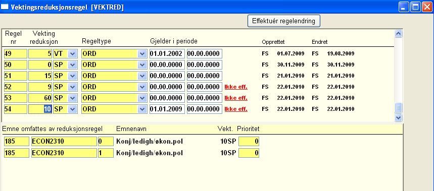 10. Vektingsreduksjonsregler I FS kan man definere vektingsreduksjoner mellom to eller flere emner som har faglig overlapp.