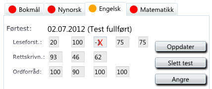 SLETTING AV DELTESTER OG GJENNOMFØRTE TESTER Etter at en test er gjennomført, er det mulig å slette en enkelt deltest eller hele testen dersom du mener at eleven bør ta denne på nytt.