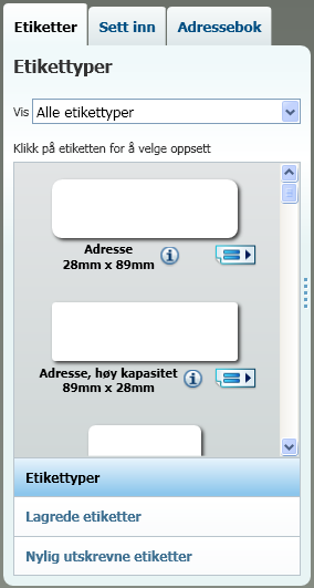 Gjennomgang, DYMO-etikett v.8 Etikettypene som vises, er basert på typen merkemaskin du har installert. Hvis merkemaskinen kun skriver ut LabelWriter-etiketter, vil kun LabelWriter-etiketter vises.