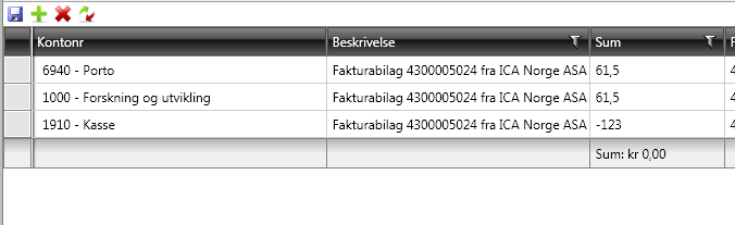 For å slette ett felt trykker du på det og benytter Rød X Hvordan arbeider jeg med bilagsmaler? En bilagsmal benyttes dersom man skal føre bilag på en annen måte en standard bilagene.