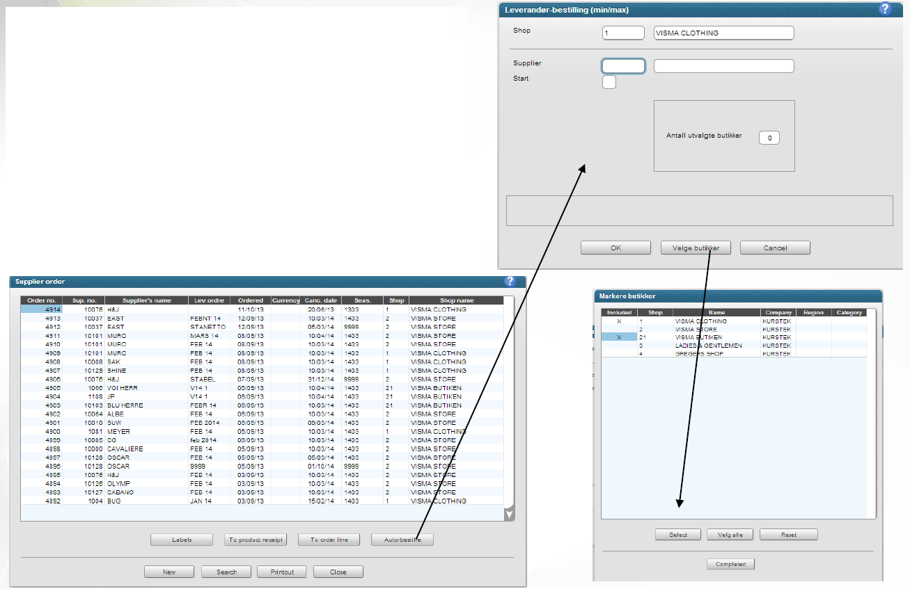 Page 22 of 72 Generere ordre basert på min / max Gå til ordre / messeordre [T20] Klikk «Auto-bestille» Angi den leverandøren du ønsker å Generere ordre fra, samt velg den eller de butikkene du vil