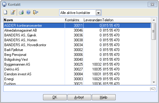 Liste I Mamut finnes det ulike måter å søke etter kontakter du ønsker og jobbe med. Liste knappen vil gi deg en liste over dine kontakter.