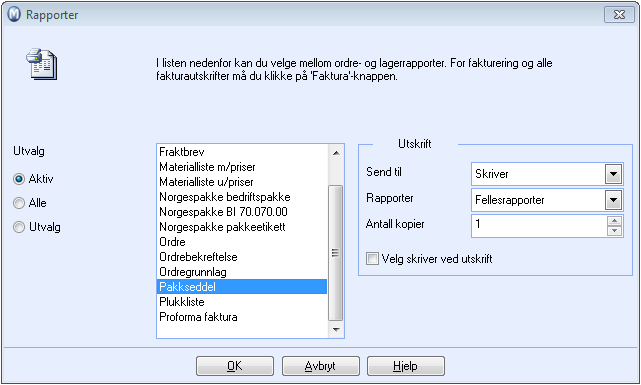 Utskrifter Trykk på Skriv ut for å skrive ut den aktuelle rapporten, når du er ferdig med ordreregistreringen.