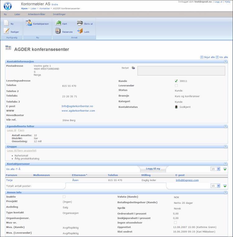 Kontaktvinduet er likt det du finner i programmet Mamut Business Software. Det er delt opp i to hoveddeler.