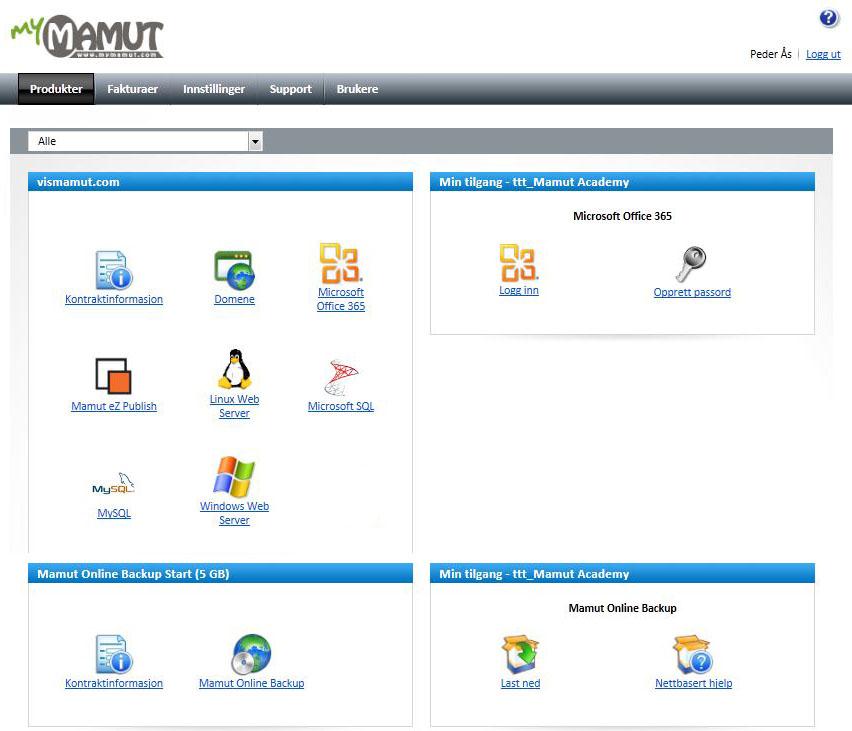 //48 mymamut Kontrollpanel mymamut er et kontrollpanel som samler administrative tjenester som Mamut Supportsenter, fakturahistorikk/betaling, brukeradministrasjon, Mamut Online Backup og Office 365.