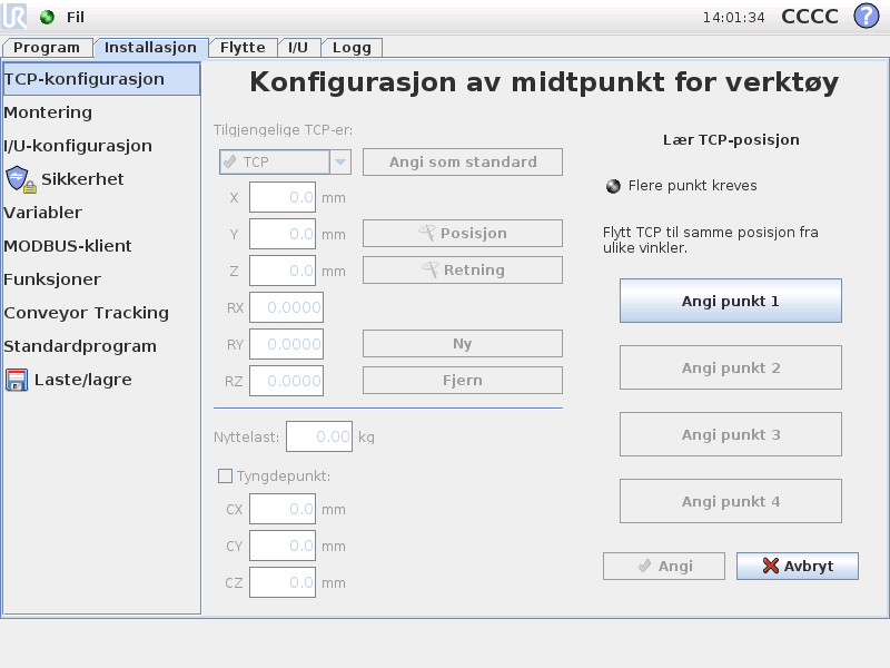 12.6 Installasjon TCP-konfigurasjon TCP angitt som aktive TCP. I et program kan noen av de spesifiserte TCP-ene bli angitt som aktiv TXP for en bestemt bevegelse (se 13.5 og 13.10). 12.6.3 Lære TCP-posisjon Koordinatene til TCP-posisjonen kan beregnes på følgende måte: 1.