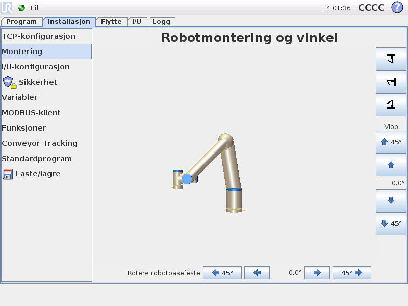 12.7 Installasjon Montering 12.7 Installasjon Montering Her kan monteringen av robotarmen angis. Dette har to formål: 1. Å få robotarmen til å se riktig ut på skjermen. 2.