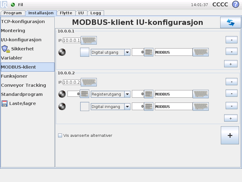 12.11 Installasjon MODBUS-klient I/O oppsett Etter å ha konfigurert installasjonsvariablene, må selve installasjonen lagres for å beholde denne konfigurasjonen, se 12.5.