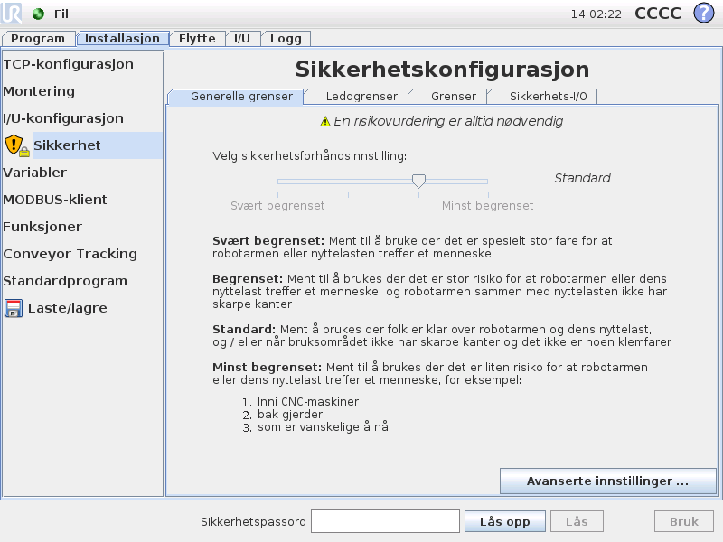 15 Sikkerhetskonfigurasjon Roboten er utstyrt med et avansert sikkerhetssystem.