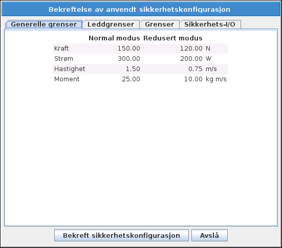 15.9 Generelle grenser 15.9 Generelle grenser Videre vil endringene ved bekreftelse lagres automatisk som en del av den gjeldende robotinstallasjonen. Se 12.