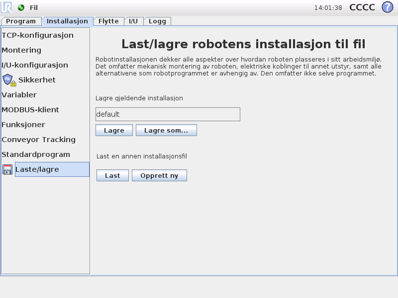 12.5 Installasjon Last / Lagre 12.5 Installasjon Last / Lagre Robotinstallasjon dekker alle aspektene av hvordan robotarmen og kontrollboksen er plassert i arbeidsmiljøet.