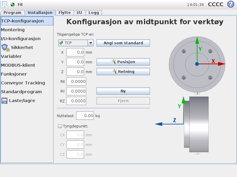 12.6 Installasjon TCP-konfigurasjon 12.6 Installasjon TCP-konfigurasjon Et verktøysenterpunkt (TCP) er et karakteristisk punkt på robotens verktøy.