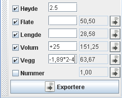 I det hvite feltet kan det gjøres justeringer og andre beregninger. Beregninger i disse feltene må begynne med et av de følende tegnene: + - / *. Det er til og med mulig å bruke sin, cos, tan.