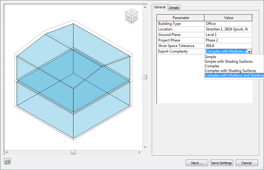 Overføring med gbxml Autodesk Revit 2011 kan eksportere sine modeller til gbxml-formatet. Når man skal eksportere modellen til gbxml får man opp et eget vindu (se Figur 4.