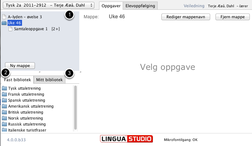 Lage og administrere oppgaver Når du har velger et språkrom som du eier (1) og Oppgaver (2), kommer bibliotekene til syne. Da kan du lage eget innhold, og organisere og legge ut innhold til elevene.