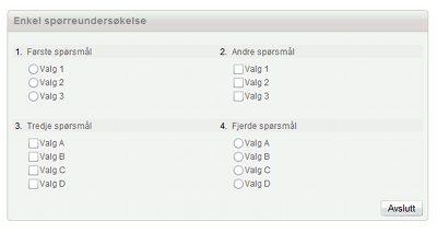 Antall kolonner for spørsmål: Gjør det mulig å vise spørsmålene i mer enn én kolonne. Standarden er én kolonne (spørsmål 2 under spørsmål 1 osv).