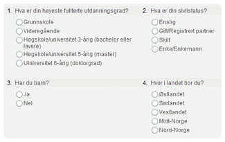 Egentilpassede spørsmålsnummer På siden "Utseende og stil" har du muligheten til å velge "Standardverdi", "Ingen" eller "Egentilpasset" for spørsmålsnummereringen.