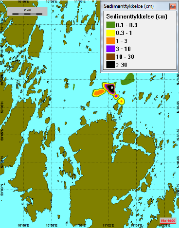 innenfor 1 km fra utslippsstedet. Sedimenttykkelser >30 cm er maksimalt i størrelsesorden 350 m fra utslippsstedet.