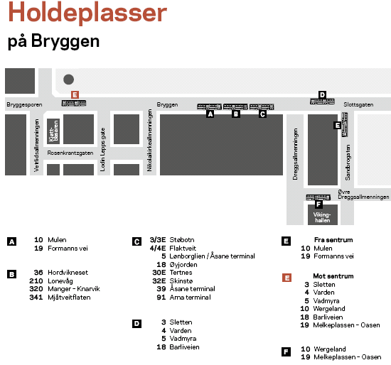 Merk: linje 3, 4 og 320 stoppar på Bryggen.