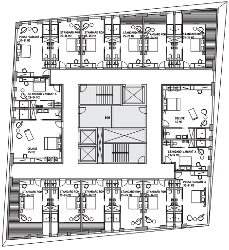 Bislingen naturhotell Planbeskrivelse med konsekvensutredning Figur 3-3: Plan som viser typisk etasje med hotellrom. Alle hotellrommene er orientert rundt en sentral kjerne.