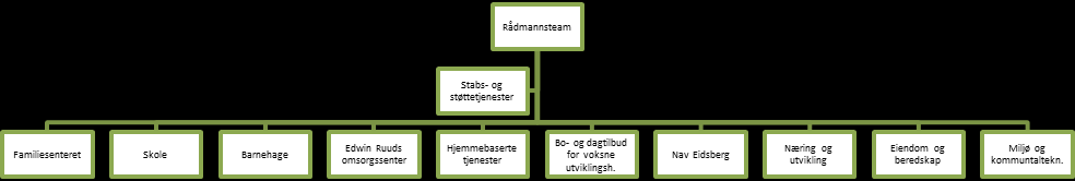 I 2011 ble de etatsvise stabsressursene sentralisert og i 2012 er det foretatt en omorganisering, slik av Eidsberg kommune nå er organisert i en ren to-nivåmodell.