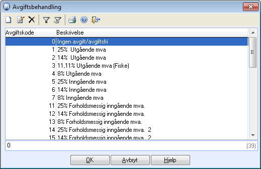 Avgiftsregister I regnskapsmodulen vil all MVA behandling tas hånd om av systemet. Dette gjøres ved at systemet er bygget opp med ulike avgiftskoder.