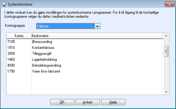 Systemkontoer Under fanekortet Regnskapsinnstillinger finner du knappen Systemkontoer. I dette vinduet vil du finne en oversikt over de forskjellige systemkontoene i kontoplanen.