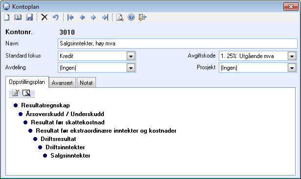 //19 Kontoplan Kontoplanen viser alle innstillingsmuligheter for hver enkelt konto. Her finner du også kontoens plassering i Oppstillingsplanen. Vil du opprette en ny konto kan du klikke Ny.