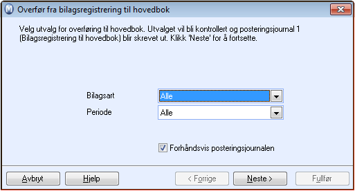 Overføring til hovedbok Alle registrerte bilag må etter hvert overføres til Hovedbok.