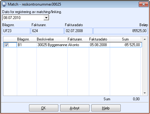 Match/Link Med denne funksjonen kan du lukke flere åpne poster mot hverandre. Kriteriet er at de er registrert på samme kunde eller leverandør, og at saldo på de valgte postene går i null.