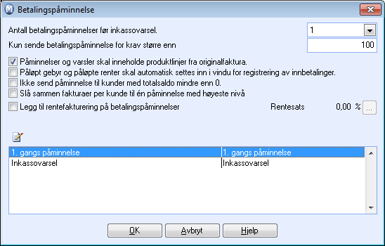 Betalingspåminnelser Ved hjelp av veiviseren for Betalingspåminnelse kan du generere betalingspåminnelser og inkassovarsler til kunder som ikke har betalt utestående innen forfallsdato.