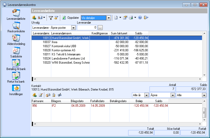 Leverandørreskontro Oppbygning/utseende og funksjoner i leverandørreskontroen er veldig lik funksjonene i kundereskontroen.