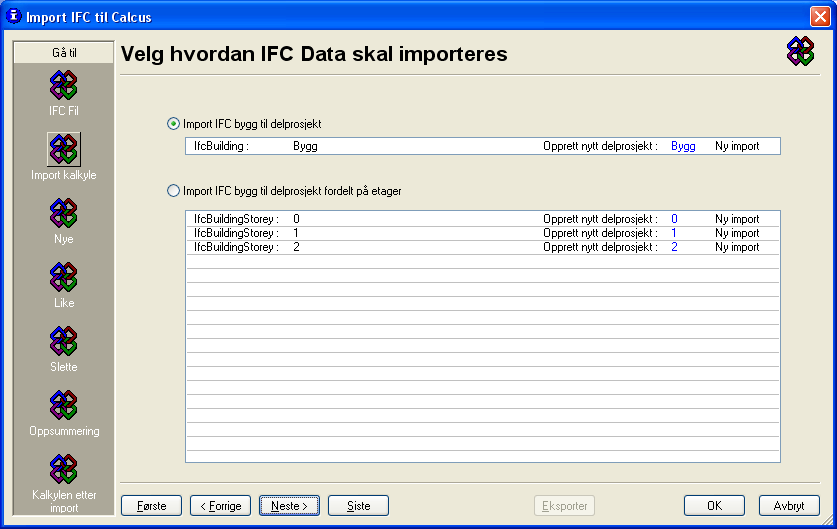 Denne IFC filen inneholder kun et område (IfcSite) og et bygg (IfcBuilding) så da slipper vi å velge området og bygg. Trykk knapp neste. I dette bygget er det funnet 3 etasjer.