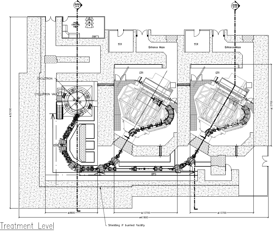 Figur V7.2.3: Oversikt som viser nødvendig areal for typisk protonanlegg med 2 behandlingsrom, begge utstyrt med roterbart gantry, for et protonanlegg over et plan.