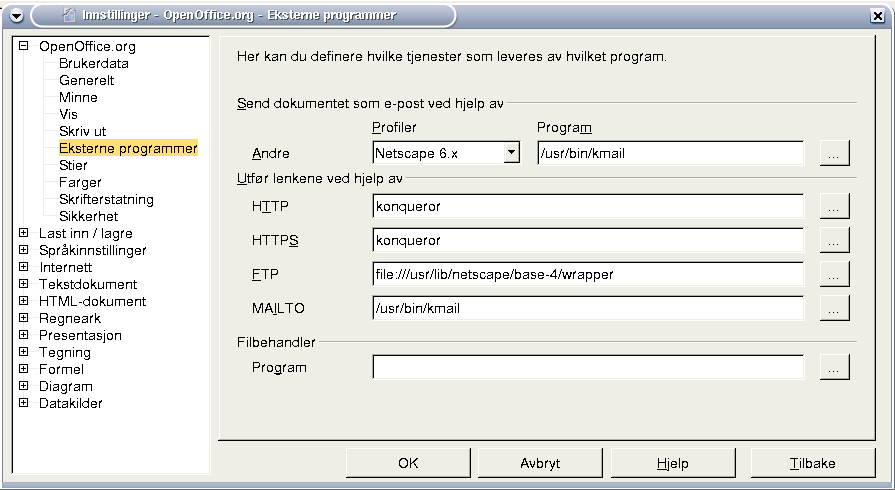 Kapittel 9. Konfigurasjon/bruk av de mest brukte program. Figur 9-4. OOo, eksterne programmer Det er flere nyttige ting du kan gjøre her, f.eks under OpenOffice.