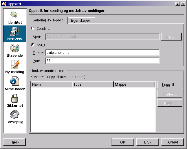 Kapittel 9. Konfigurasjon/bruk av de mest brukte program. Figur 9-10. KMail Nettverk Så må vi klargjøre KMail for sending og mottaking av epost.