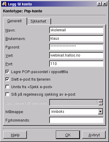 Kapittel 9. Konfigurasjon/bruk av de mest brukte program. Figur 9-11. KMail Ny konto, pop3 Deretter må du legge til en konto, slik at du kan hente din mail.