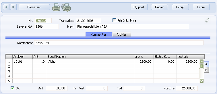 5. Inntil posten er merket OK, kan du fortsette å endre antallet på mottatte varer (til og med endre det til 0). Med en gang du merker Innleveransen OK og lagrer den kan du ikke foreta noen endringer.