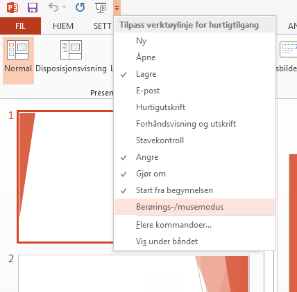 Få tilgang til mye brukte kommandoer Intuitive verktøy som er lett tilgjengelige Verktøylinjen for hurtigtilgang, som du finner øverst til venstre i PowerPointvinduet, er midt i blinken hvis du vil