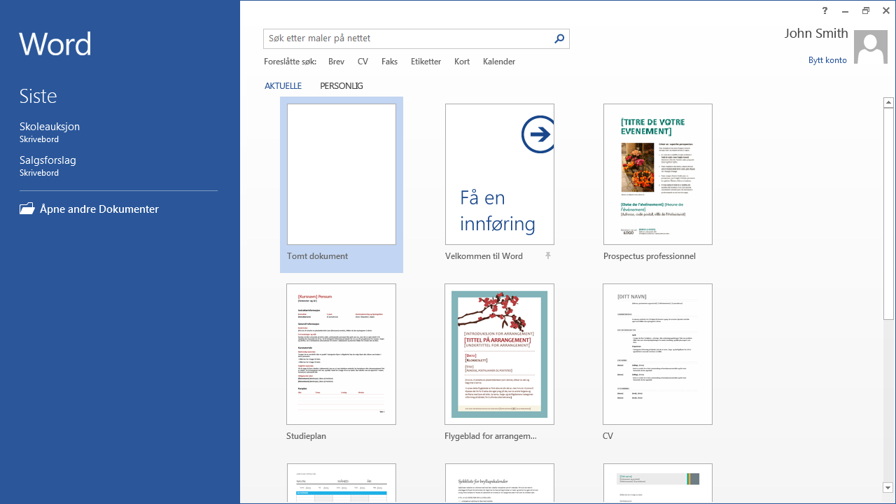 Hurtigstartveiledning Når du åpner Word 2013 for første gang, kan du velge mellom flere måter å komme i gang på. Du kan bruke en mal, en nylig brukt fil eller et tomt dokument.