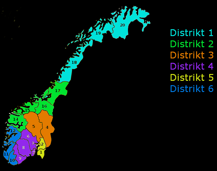 De samme tidligere grensene for øvrig Distrikt 3 (4) Hedmark og (5) Oppland Distrikt K blir det samme bortsett fra 9 klubber de får fra Distrikt C Distrikt 4 ( (6) Buskerud (7) Vestfold (8) Telemark