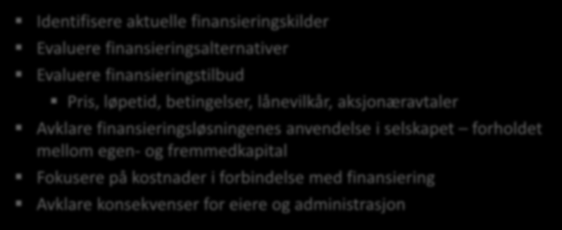 Konkrete oppgaver Identifisere aktuelle finansieringskilder Evaluere finansieringsalternativer Evaluere finansieringstilbud Pris, løpetid, betingelser, lånevilkår, aksjonæravtaler Avklare